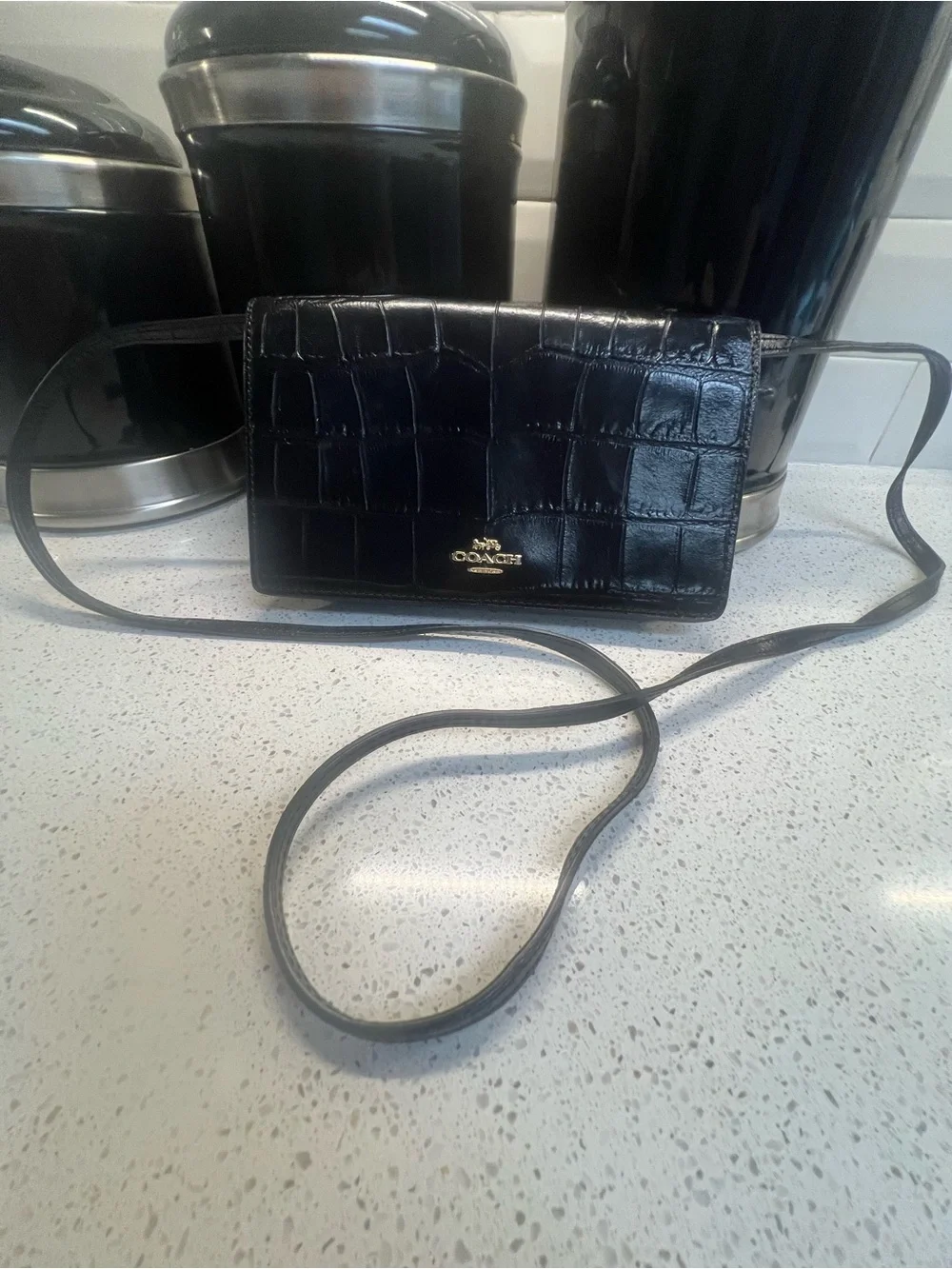 Coach Black Croc-Embossed Leather Crossbody Envelope Wallet w/ Removable Strap